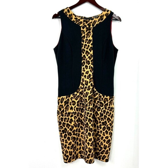 MD NY Women Sz 12 Dress Sleeveless Sheath Bodycon Leopard Print Black Side Panel - Picture 2 of 12